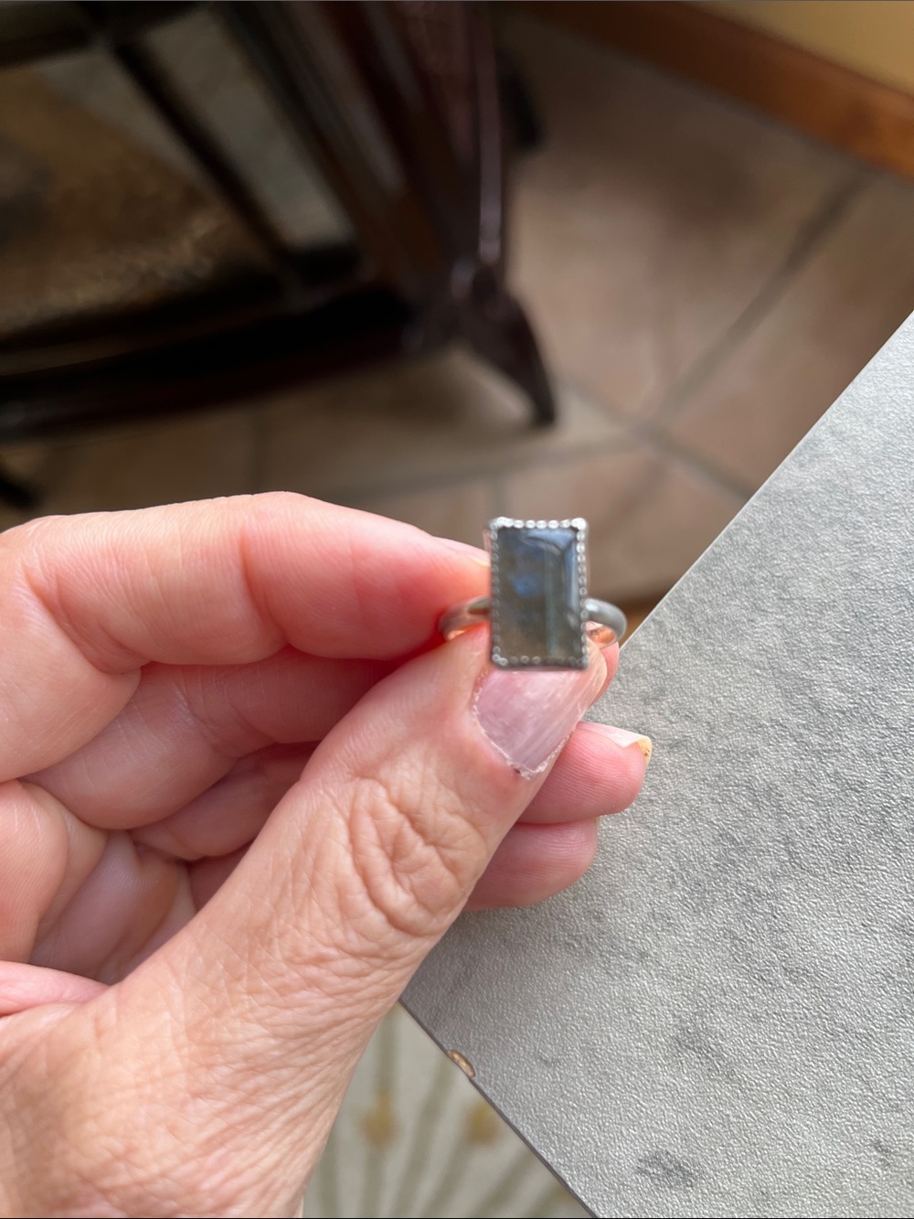 Rectangular Labradorite Stone Sterling Ring in Iridescent Green-Blue